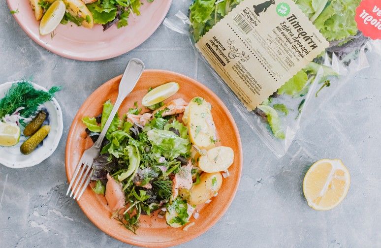 Piperati Salad with grilled salmon, small potatoes and pickled cucumber