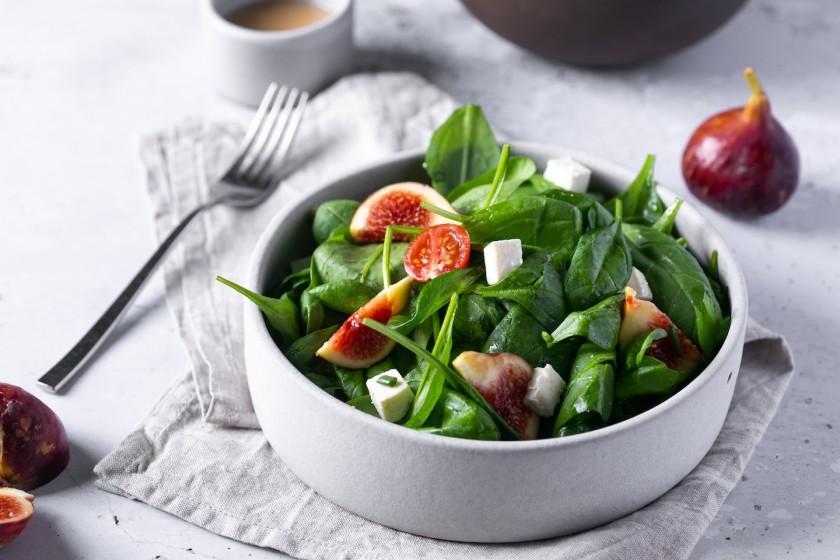 Salad with Baby Spinach Leaves, dry cream cheese (katiki) and figs
