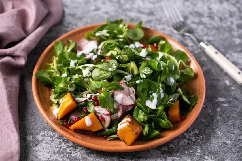 Salad with Baby Valeriana Leaves with roasted pumpkin and pomegranate seeds
