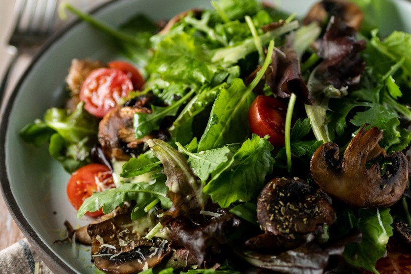 Kale Mix salad with grilled mushrooms and gruyere