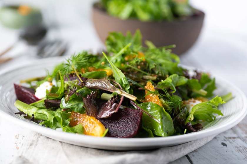 Italian salad with beetroot, orange, and roasted hazelnuts