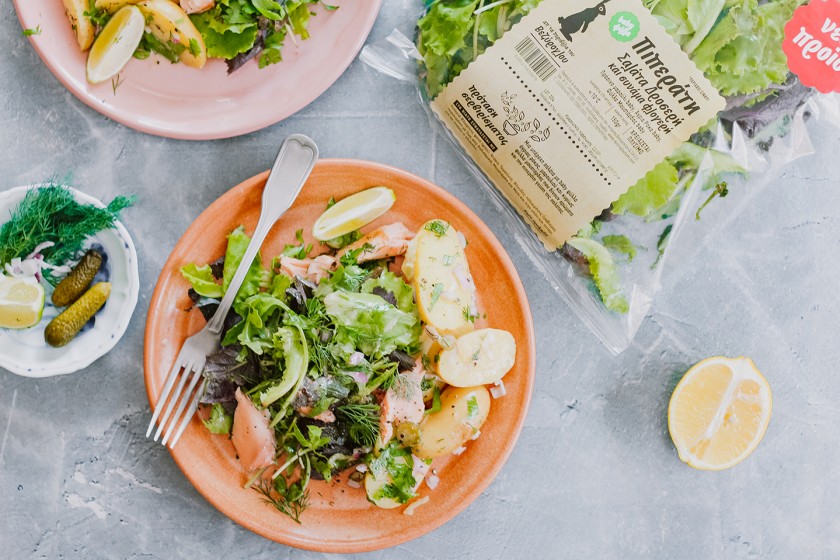 Piperati Salad with grilled salmon, small potatoes and pickled cucumber